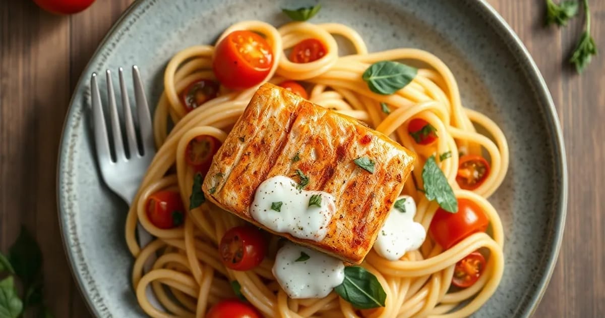Italienische Tomaten-Pasta mit gebratenem Lachs und Zottarella