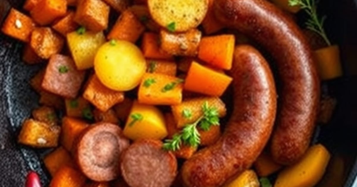 Deftige Kartoffel-Möhren-Pfanne mit Wiener Würstchen