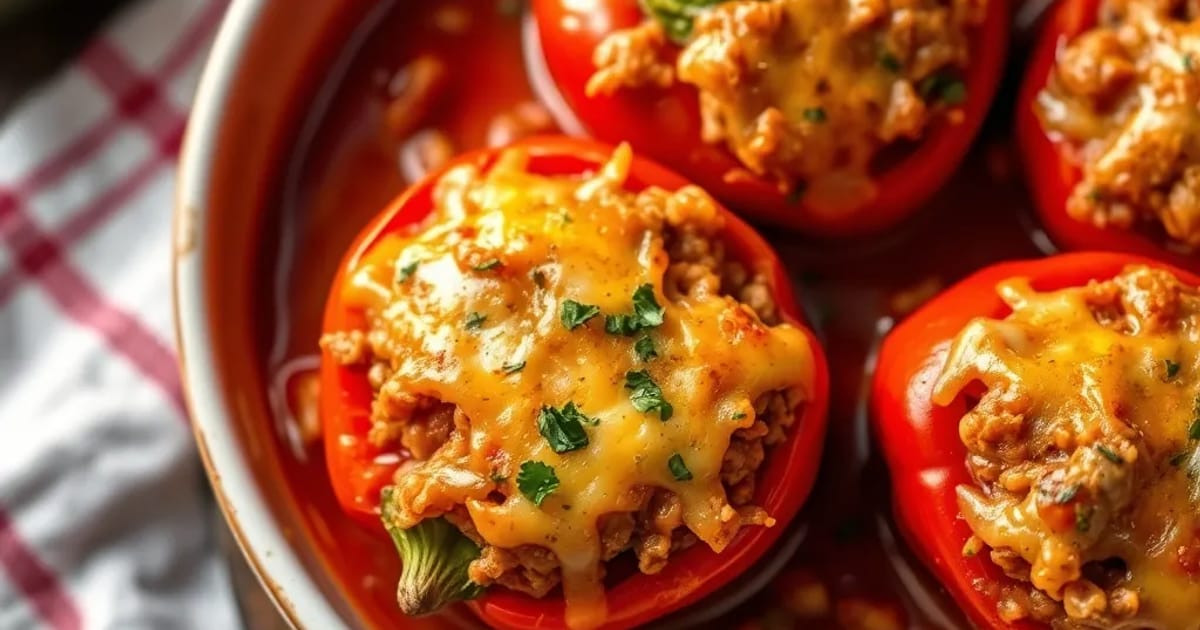 Mediterrane gefüllte Paprika mit Hackfleisch und Käse