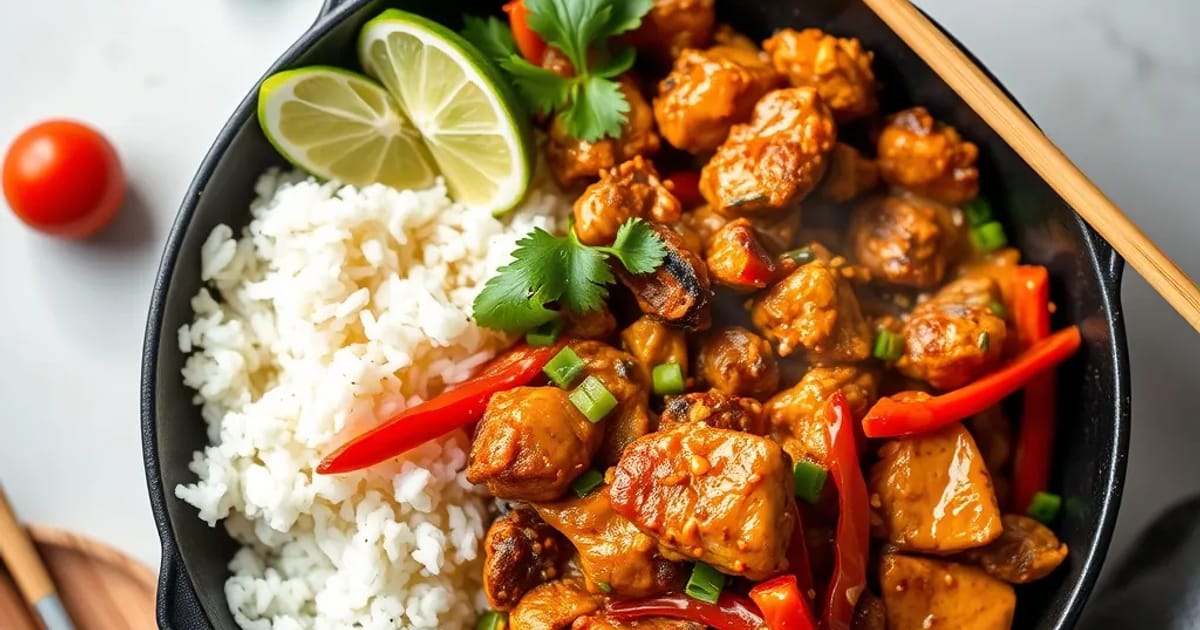 Kimchi-Hähnchen-Pfanne mit Duftreis und Sesam
