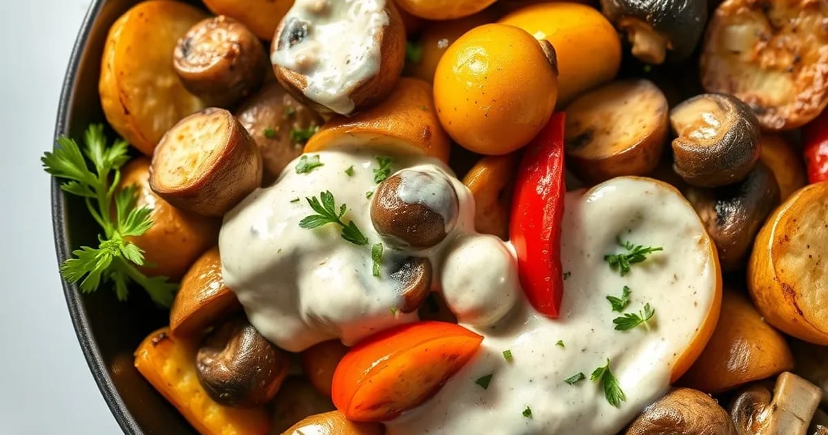 Mediterrane Gyros-Pfanne mit Kartoffeln und Knoblauch-Crème