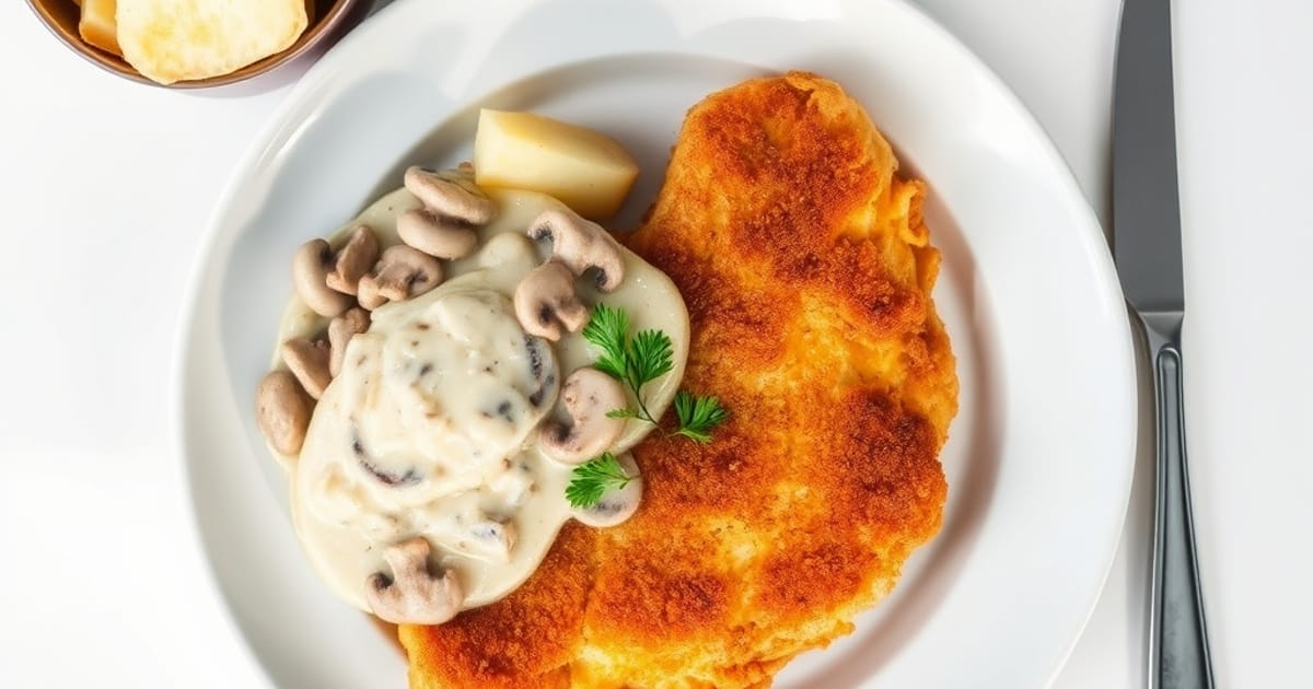 Knuspriges Schweineschnitzel mit Pilzrahm und Kartoffeln