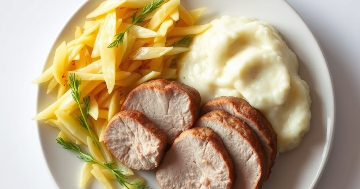 Zartes deutsches Schweinefilet mit geschmortem Spitzkohl und Schmand-Kartoffeln