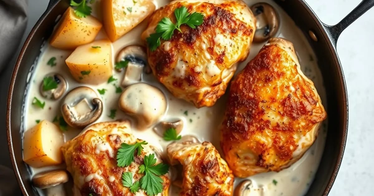 Knusprige Hähnchenschenkel mit Champignons und Ofenkartoffeln in Rahmsauce