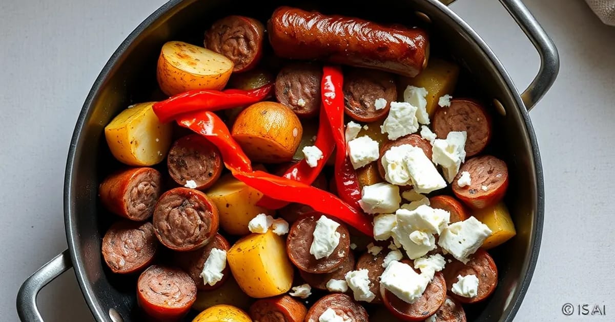 Deftige Kartoffel-Würstchen-Pfanne mit Paprika und Hirtenkäse