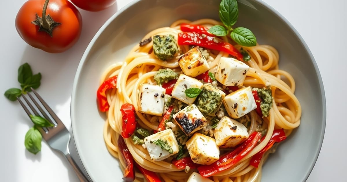 Italienische Pesto-Pasta mit Grillkäse und Paprika