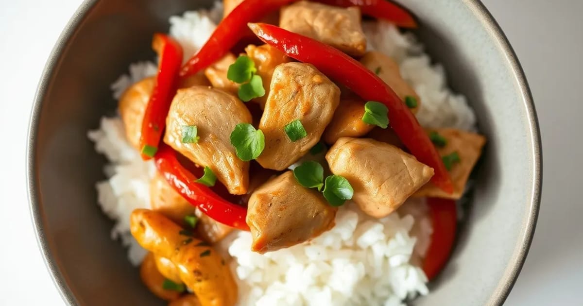 Asiatisches Hähnchen-Paprika-Pfannen-Gericht mit Reis